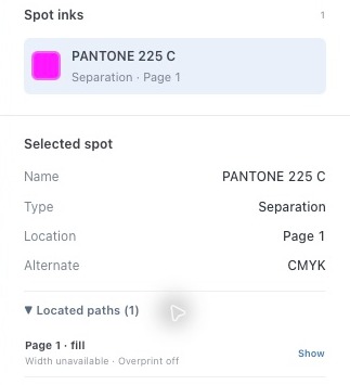 InkCheck showing PANTONE 225 C and a located path that can be shown on the page